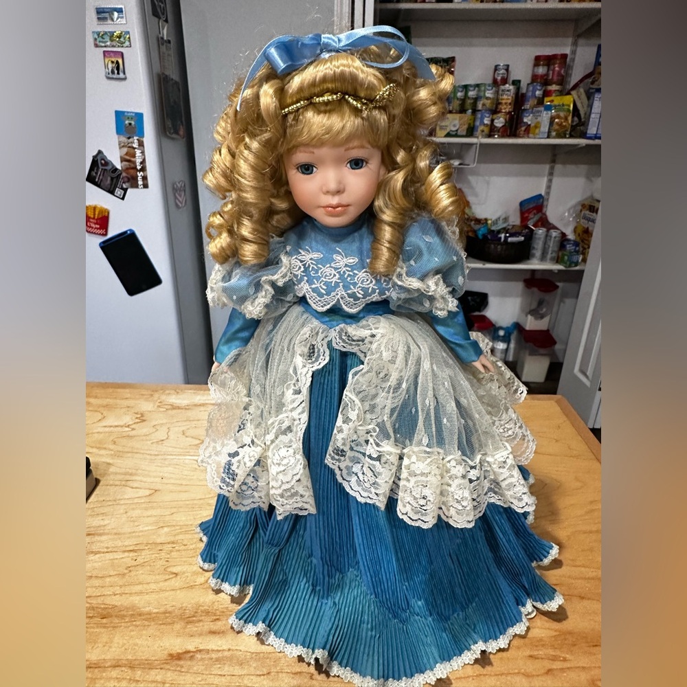 Blonde Hair Blue Dress Porcelain Doll